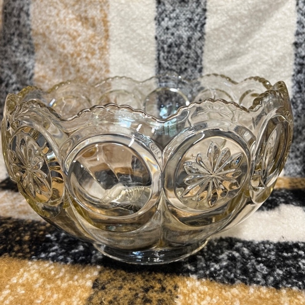 Large Tiffin Franciscan stars and moon punch bowl with diamond scalloped edge